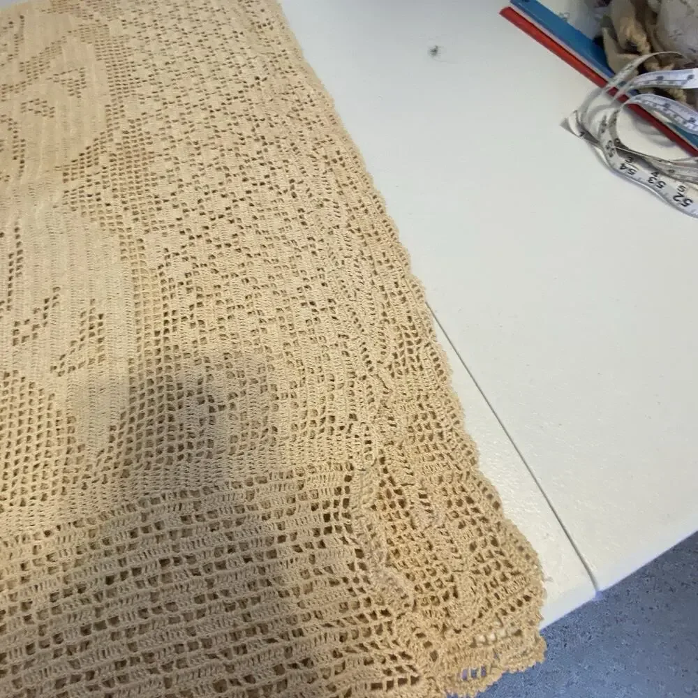 VTG 80s HandCrocheted Lace Tablecloth Beige Handmade Butterfly CottageHome 61x58